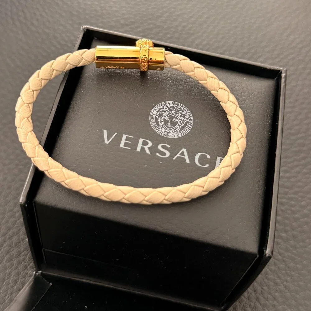 Versace Leather and Brass Medusa Head Cuff Bracelet, size Medium or Large - Picture 1 of 14